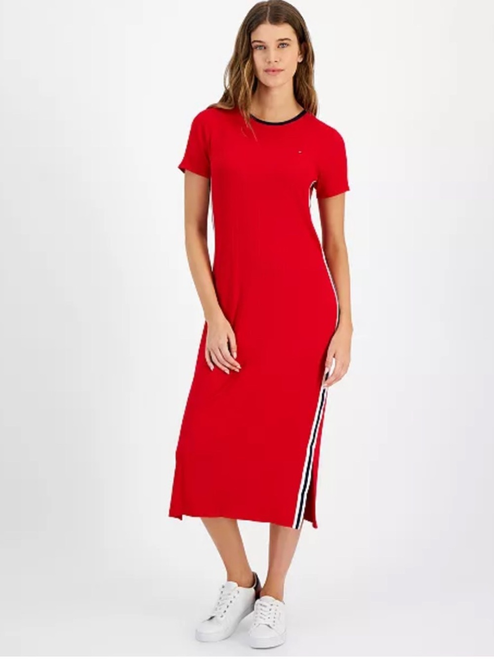 Tommy Jeans Red Ribbed Knit Midi Dress M Short Sleeve Fitted Sporty Retro Logo
